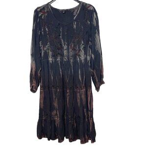 Sacred Threads Tie Dye Embroidered Floral Tiered Dress SM/MED Boho Artsy Hippie